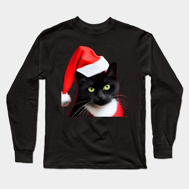 Cute black cat wearing a christmas hat Long Sleeve T-Shirt by Blossom Self Care